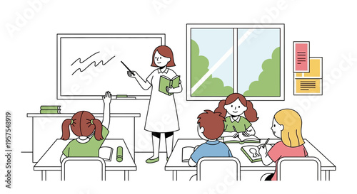 Teacher instructing students in a classroom, with one student raising hand.