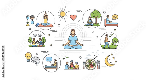 Wellness Concept: Woman Meditating Surrounded by Healthy Lifestyle Icons