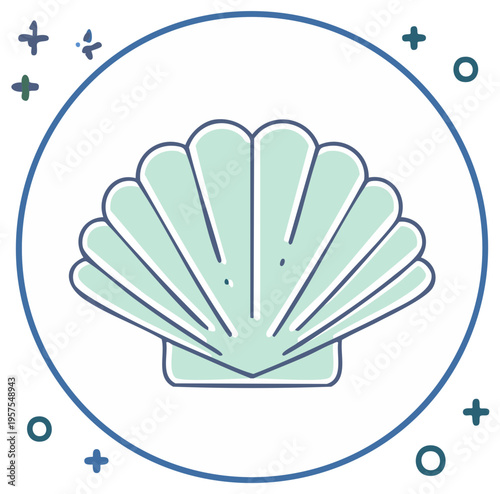 Stylized scallop seashell icon in a decorative circle. Simple line art illustration for beach and summer themes.