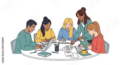 Diverse team collaborating around a table, brainstorming ideas and working together.