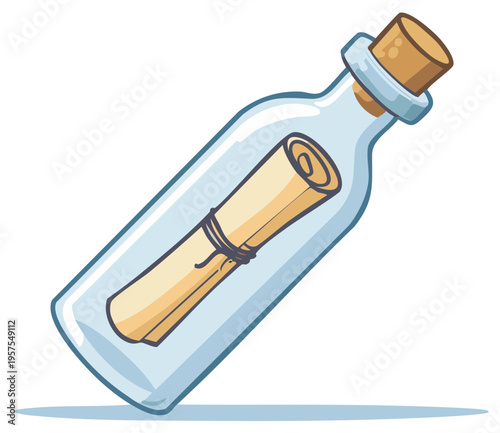Whimsical cartoon illustration of a message in a clear glass bottle with cork stopper and rolled parchment scroll