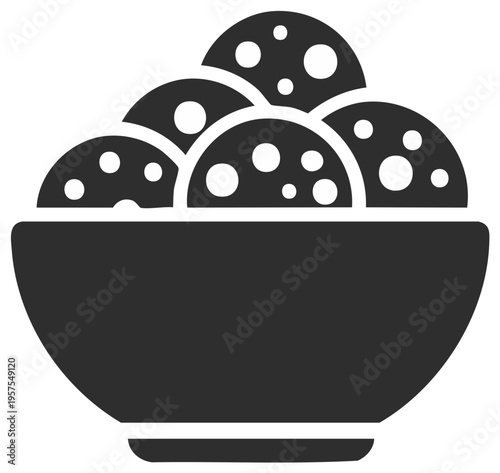 Minimalist vector icon of a bowl filled with dotted food items like meatballs falafel or cookies