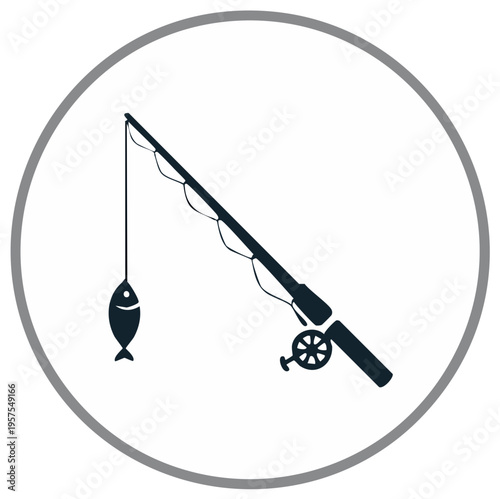 Fishing rod icon with caught fish vector clip art angling equipment sport fishing hobby