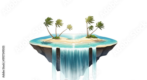 Floating island with waterfalls palm trees blue ocean and sandy beach aerial view