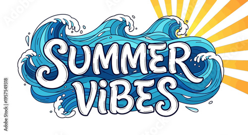 Bold summer vibes text surrounded by dynamic blue ocean waves and sun rays