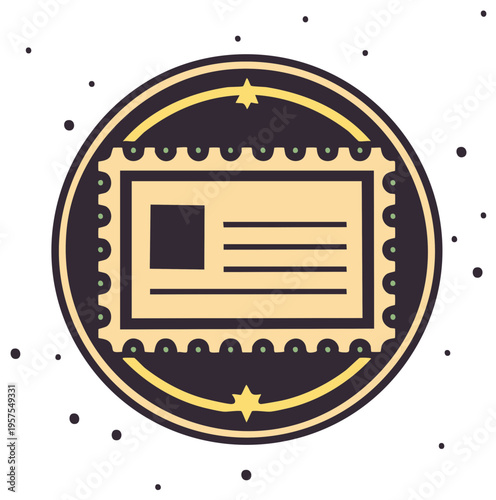 Vintage postage stamp emblem with decorative star accents and dotted background