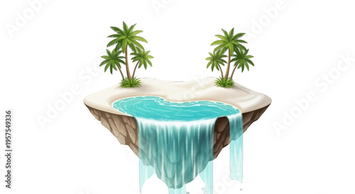 Floating island with waterfalls sandy beach and lush green palm trees in paradise