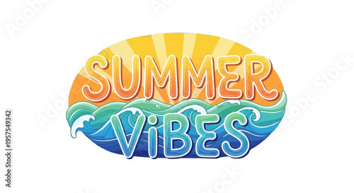 Summer vibes text with wavy ocean and sunny background illustration