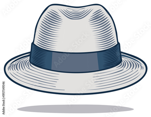 Illustrated fedora hat with a blue band, classic headwear design, and shadow