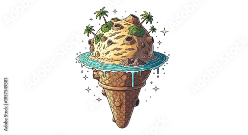 Detailed cratered moon ice cream cone with tropical palm trees and floating water surface