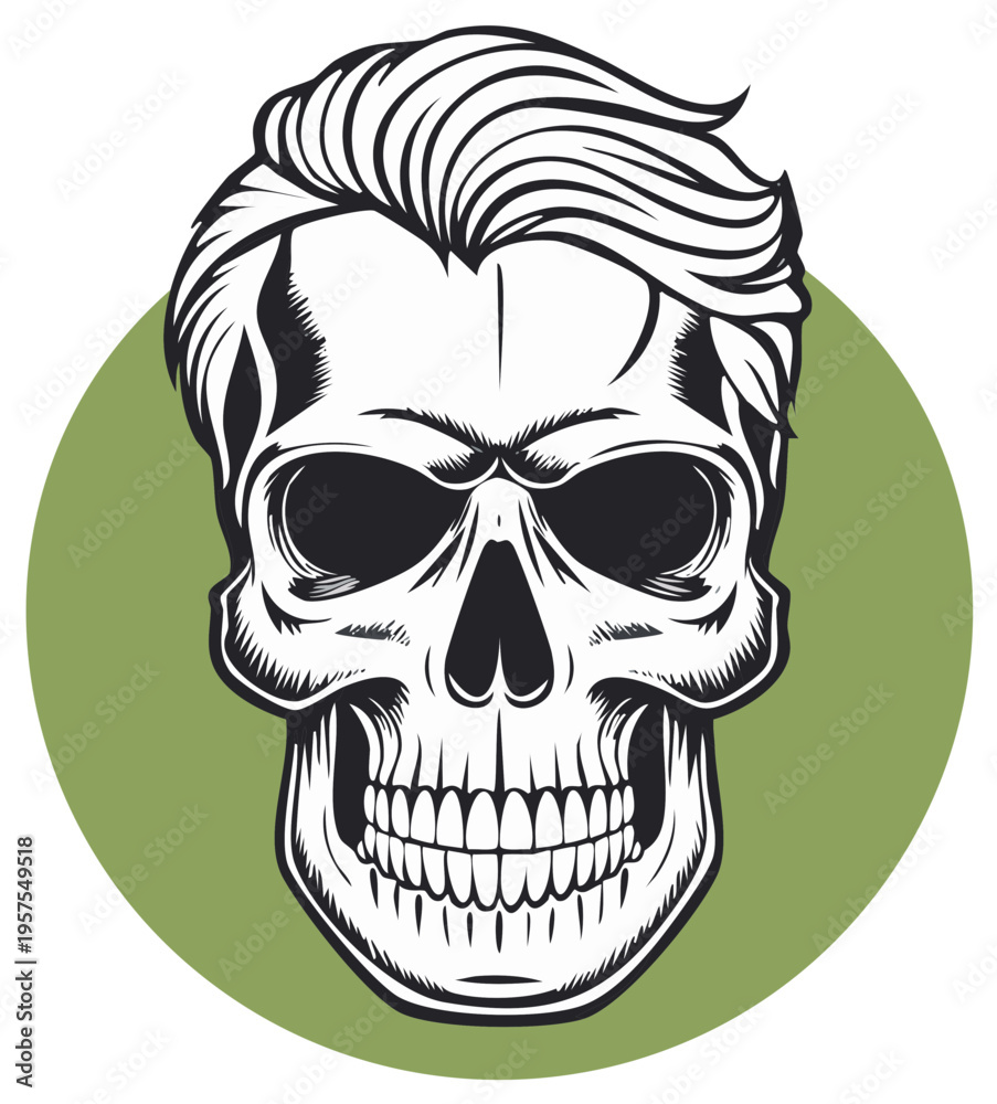 Obraz premium Modern human skull illustration with cool slicked back haircut graphic design on green background
