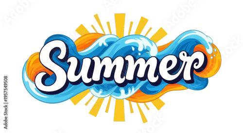 Abstract summer word art featuring flowing blue water waves and bright orange sun shapes