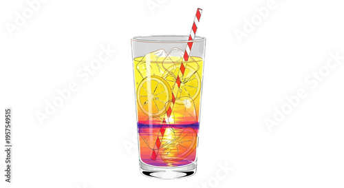 Glass of lemonade with ice cubes lemon slices and striped straw at sunset