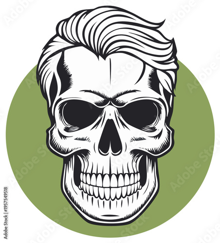 Modern human skull illustration with cool slicked back haircut graphic design on green background