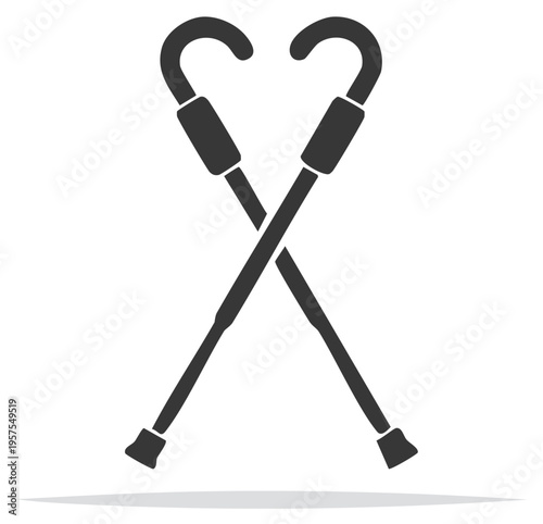 Crossed walking canes silhouette, symbol of mobility and support, healthcare concept