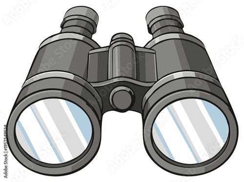 Close up view of classic gray binoculars with reflective lenses