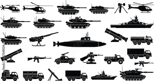Military vehicle silhouettes set, army equipment icons, war transport collection, tanks helicopters ships weapons, defense forces silhouette illustration pack