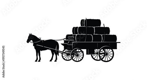 A striking black silhouette depicts a horse drawn carriage laden with hay bales evoking a rural scene silhouette high quality professional detailed