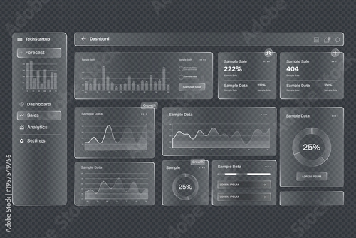 Modern Glassmorphism Dashboard UI Kit with Transparent Data Visualization Charts and Infographic Widgets for Tech Startups