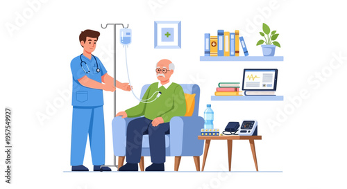 Home Healthcare: Nurse Administering IV Drip to Elderly Patient with Medical Monitoring in a Comfortable Setting