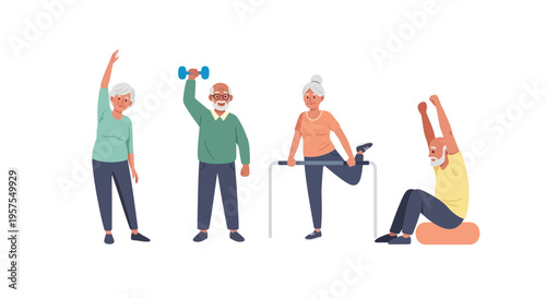 Elderly People Exercising, Doing Fitness, Strength Training & Stretching for Healthy Aging & Active Lifestyle