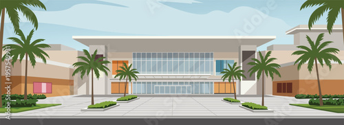 Modern Building Exterior with Palm Trees. Apartment building. City shopping mall landscape. Office building exterior. Office park