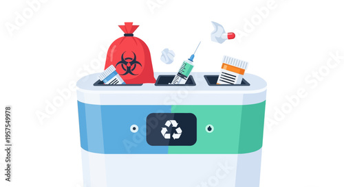 Medical Waste Disposal and Segregation Illustration: Biohazard, Syringes, and Medication in Specialized Bins for Safe Healthcare Waste Management