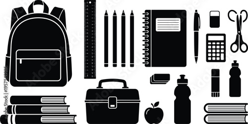 School Supplies Silhouette Set Featuring Backpack Books Pencil Notebook Ruler Calculator Lunch Box and Student Essentials Education Collection