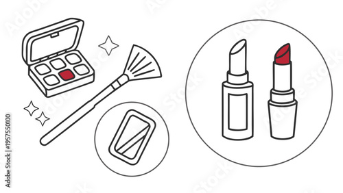 A minimalist vector illustration of makeup products including a palette, brush, and lipstick