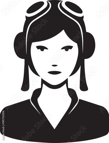 Hand Drawn Female Pilot Black and White Avatar Illustration in Minimal Solid Art Style Design