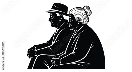 An elderly couple sits closely together viewed in profile presenting a striking black silhouette high quality professional detailed modern elegant stylish
