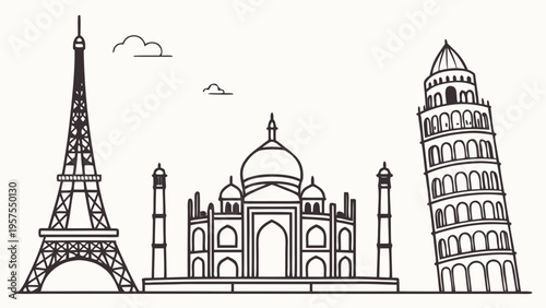 A minimalist line art illustration of famous landmarks from around the world