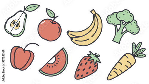 A colorful vector illustration of various fruits and vegetables in a flat design style