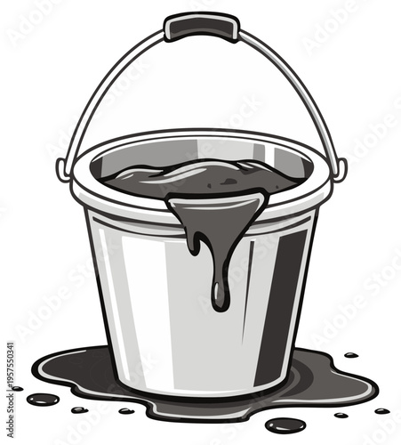 Overflowing bucket with dripping liquid creating a puddle below