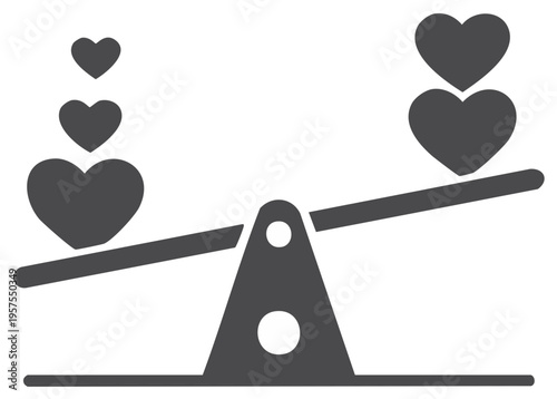Three hearts outweighing two hearts on a balance scale icon illustrating love and value