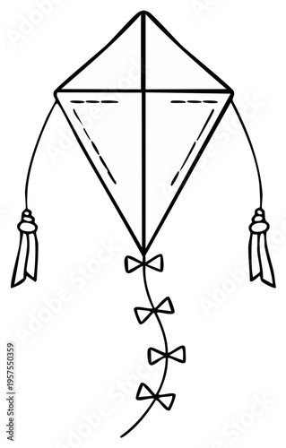 Simple black and white line drawing of a diamond shaped kite with a long tail adorned with bows and tassels
