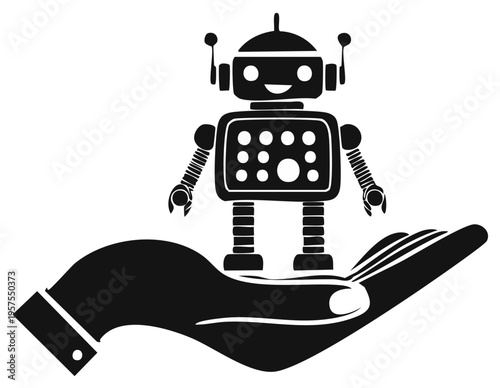 Friendly Robot Character Perched on Open Human Hand Silhouette, Symbolizing Care and Innovation