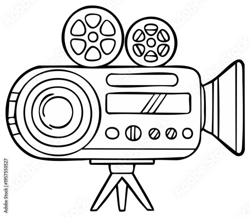 Retro film camera illustration on tripod with two film reels vintage cinematography equipment drawing