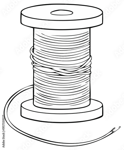 Simple black and white line art drawing of a spool of thread or wire for crafting and sewing