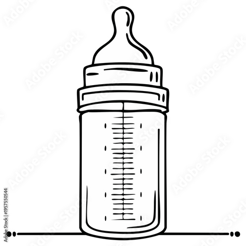 Illustrated baby bottle, filled with milk, drawing with black outline