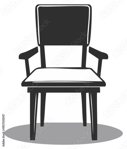 A simple black and white illustration of an armchair with a cushioned seat and straight back