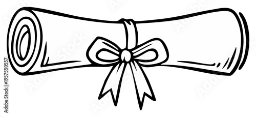 Black and white illustration of a rolled diploma tied with a ribbon and bow
