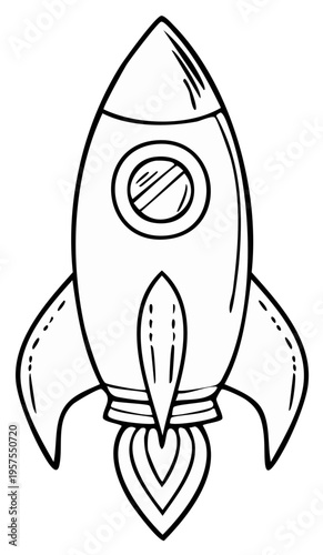 Rocket ship emits flames in a simple line drawing