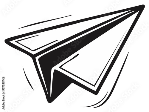 Black and white hand drawn paper airplane graphic with motion lines.