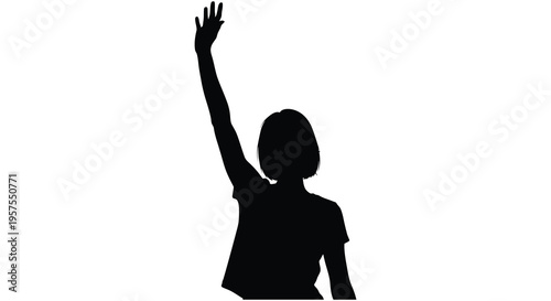 A dark silhouette of a person with a raised hand seemingly waving or reaching upward silhouette high quality professional detailed modern