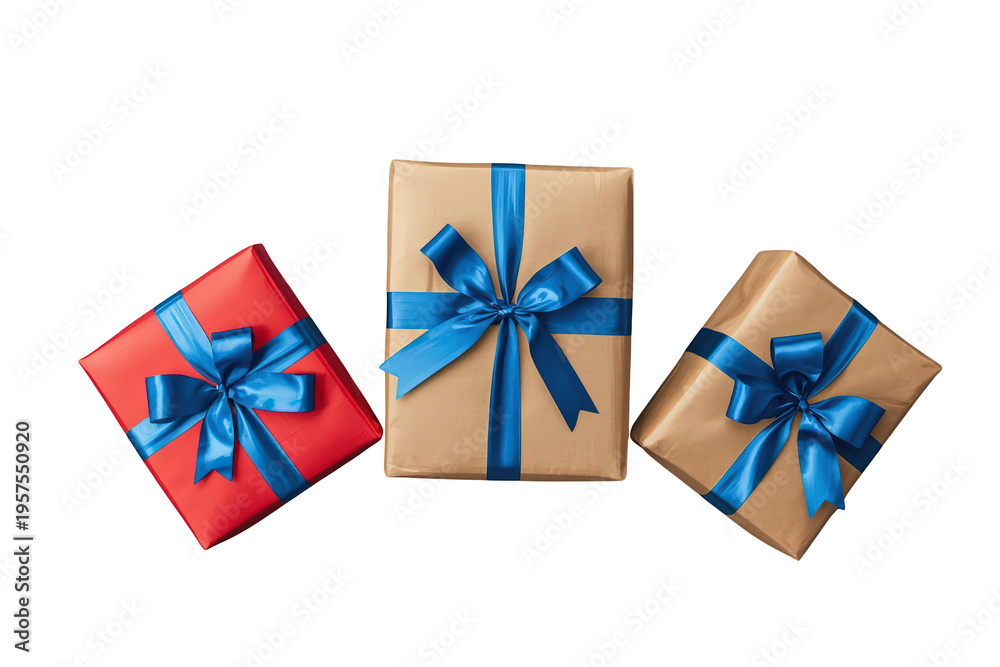 Fototapeta premium Gifts wrapped in red and brown paper, tied with vibrant blue ribbons, celebrating holidays on transparent background