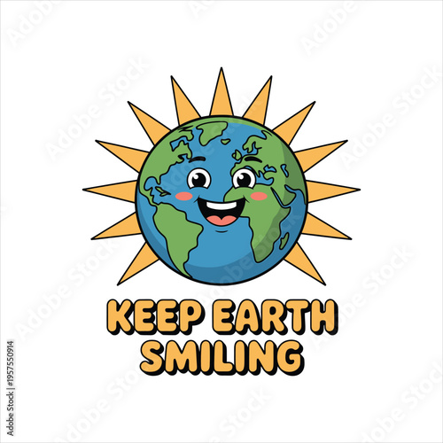 A cheerful cartoon planet earth smiles brightly with the sun behind it, promoting environmental care.
