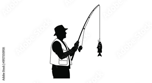 A solitary fisherman stands with a caught fish depicted in a striking black silhouette high quality professional detailed modern elegant stylish