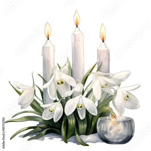 Watercolor Snowdrop Flowers and Burning Candles Arrangement, White Galanthus Winter Floral Memorial Clipart Isolated