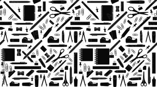 Seamless Stationery Pattern Featuring Office and School Supplies with Pens Pencils Scissors Clips and Notebooks Repeating Background Design